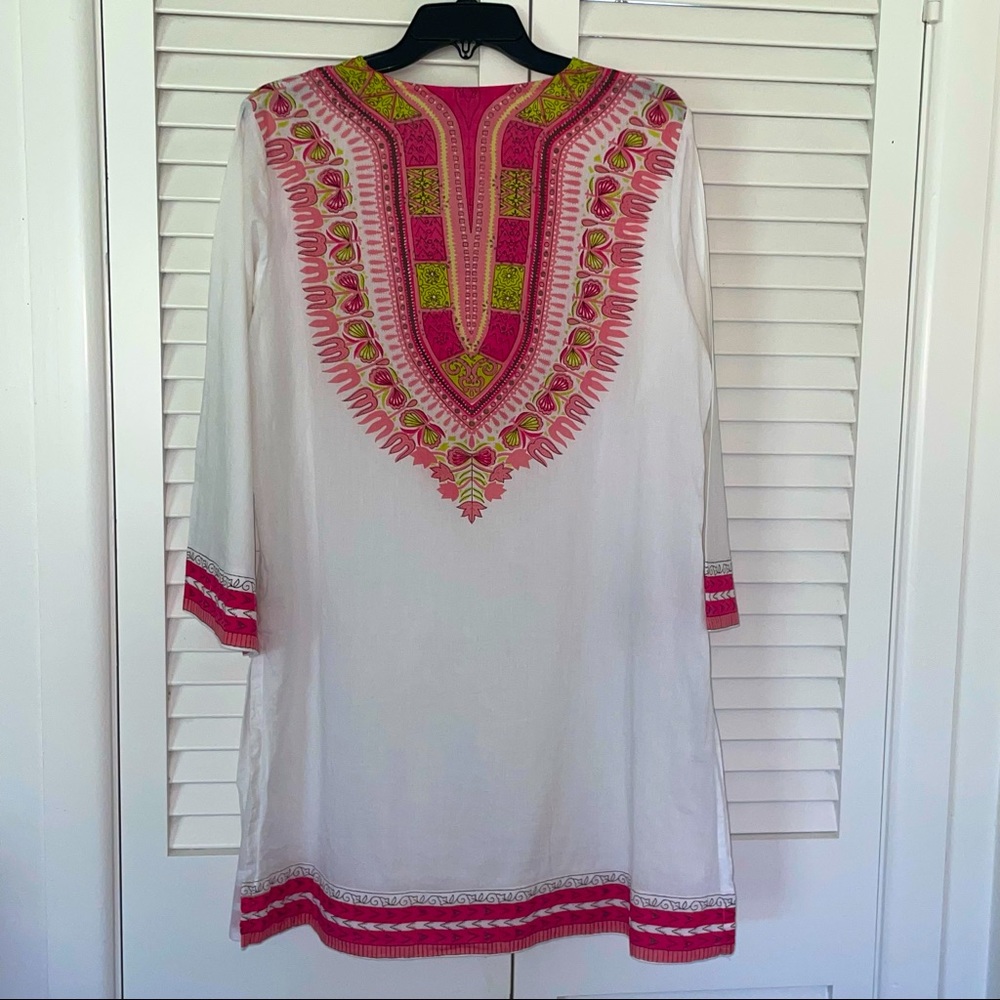 Cool and Comfy Cotton Tunic/Coverup of White, Pink, and Green.
